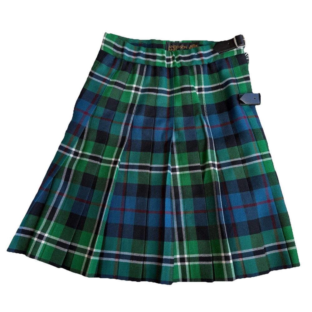 VTG Anderson Innes Scotland Wool Tartan Kilt Youth Green Plaid Adjustable Waist - Picture 1 of 10